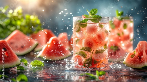  Watermelon and mint in a glass, with slices nearby on the table