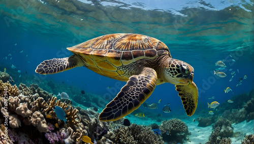 Sea Turtle Gliding over Vibrant Coral Reef © LL. Zulfakar Hidayat