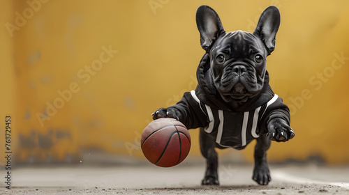 Surreal of French Bulldog Enjoying Basketball Game with Dribbling in Black and White Uniform photo