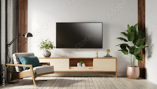 Mockup a TV wall mounted with decoration in living room and white wall.3d rendering. Generative AI. © hanifa