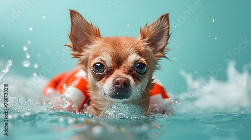 Chihuahua Lifeguard Canine Cuddles Cooling Off in Surreal Swimming Pool Scene © vanilnilnilla