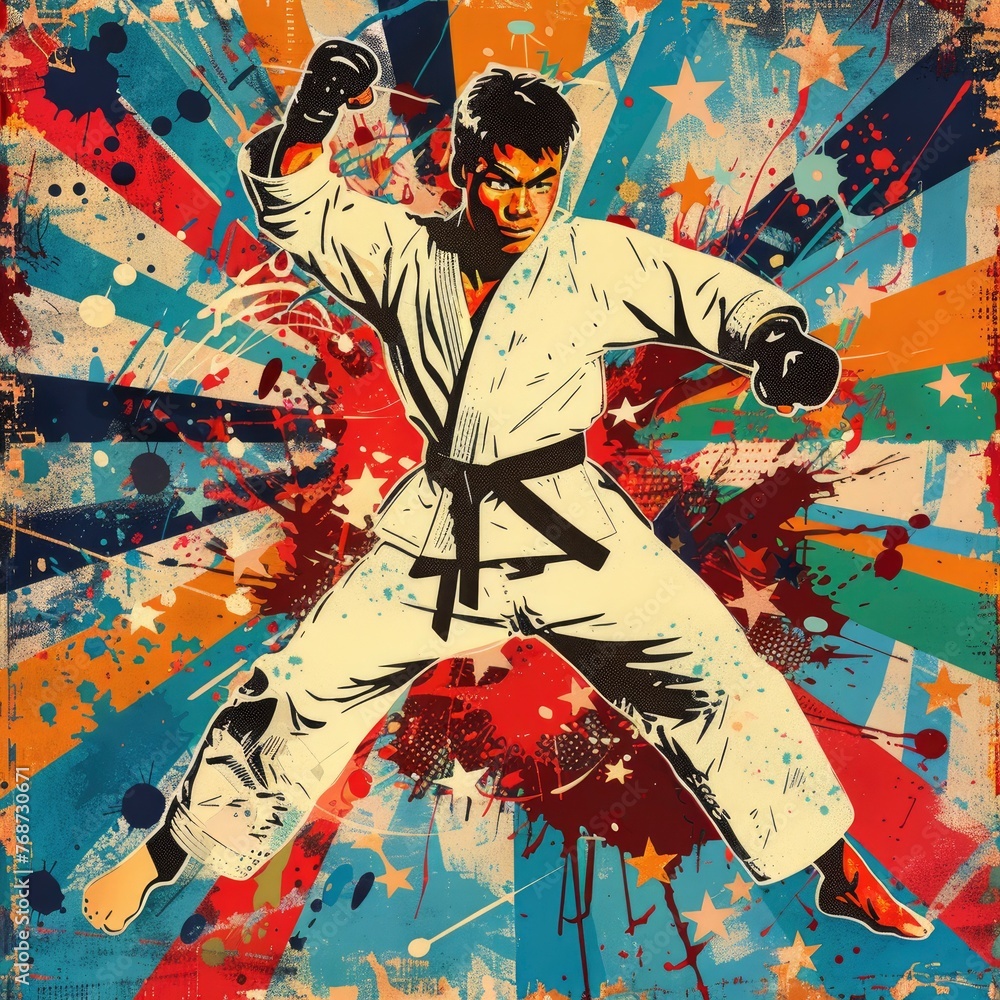 Fototapeta premium Karate kid figure in white kimono with black belt posing in a fighting stance, splashes and stars decor on background, japan comic style