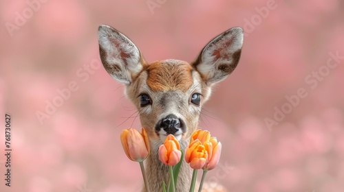  A close-up of a deer surrounded by tulips against a soft pink background with a slightly blurred backdrop © Nadia