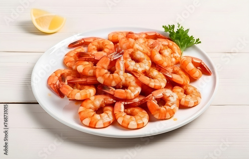 tasty cooked shrimps seafood on white plate on white wooden tabl