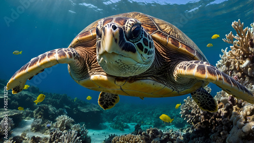 Sea Turtle Gliding over Vibrant Coral Reef