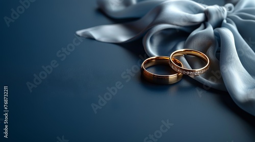  A few wedding rings atop a blue table with satin cloth nearby
