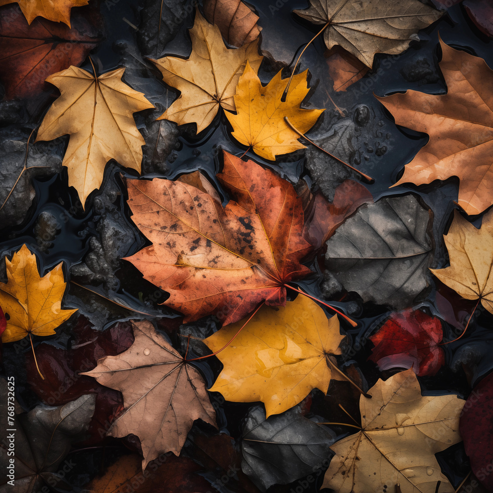 Autumn leaves lying on the floor. Colorful collage