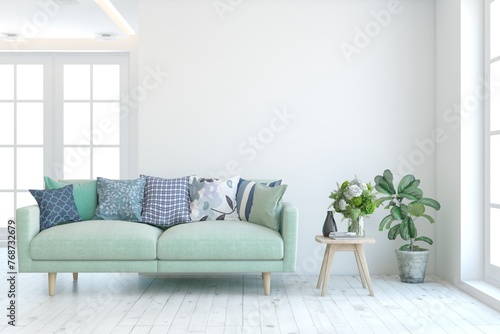 White living room with sofa. Scandinavian interior design. 3D illustration