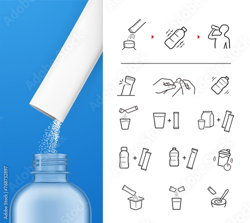 Stick pack pouring powder product on clear bottle with set icons of stick package bag set. Samples, preparation instructions. Vector elements for infographics. SPF10.