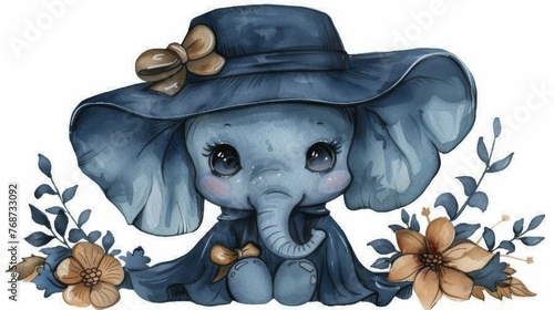  A watercolor painting of an elephant in a blue hat sitting on a flowery branch surrounded by blooms