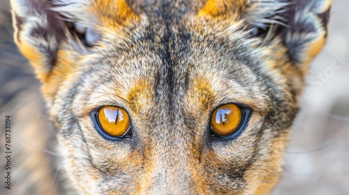  A close-up photo of a brown and black dog s face with a yellow eye in its pupil