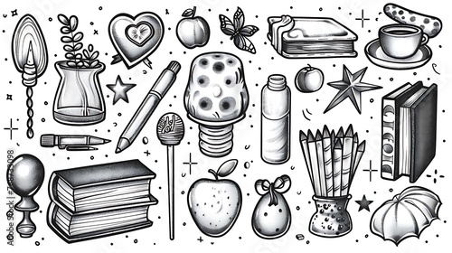 Retro cute cartoony scrapbook items black and white line art for coloring pages. Generative Ai