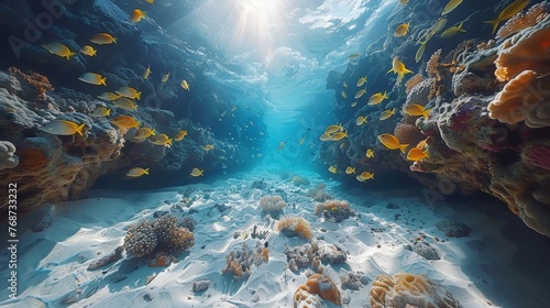  A vivid image depicts a thriving coral reef, ablaze with yellow fish darting around