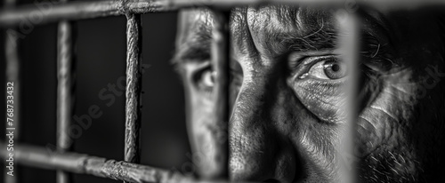 Mature man's eye gazing through metal bars in black and white