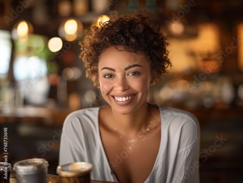 A woman with curly hair is smiling at the camera
