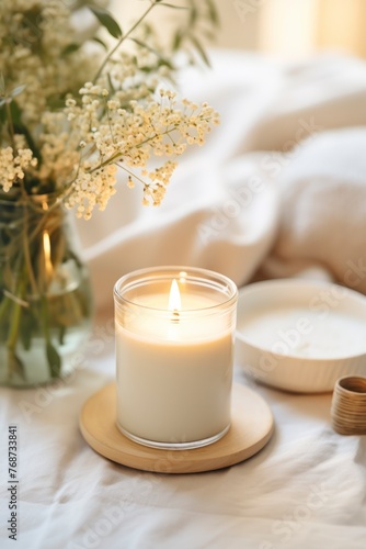 Burning candle on white fabric, closeup.