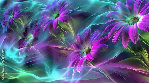  Computer generated image of purple flowers on a black background with blue, green, pink and green color pattern
