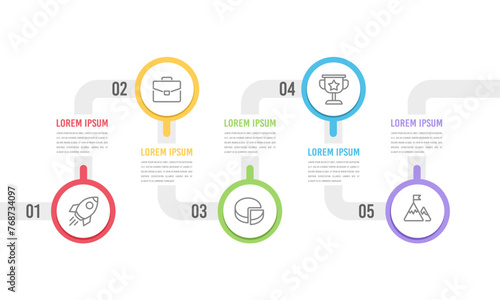 Timeline infographic concept with 5 steps. Can be used for presentation, workflow layout, diagram, banner. Vector illustration.