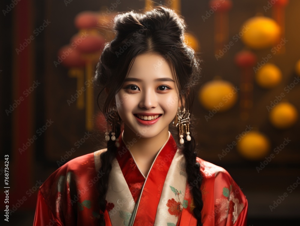 A woman in a red and white dress with gold earrings and a smile on her face A woman in a red and white dress with gold earrings and a smile on her face