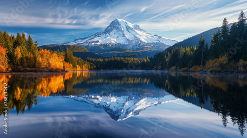 A serene lake reflects a breathtaking mountain capped with snow surrounded by vibrant autumn trees