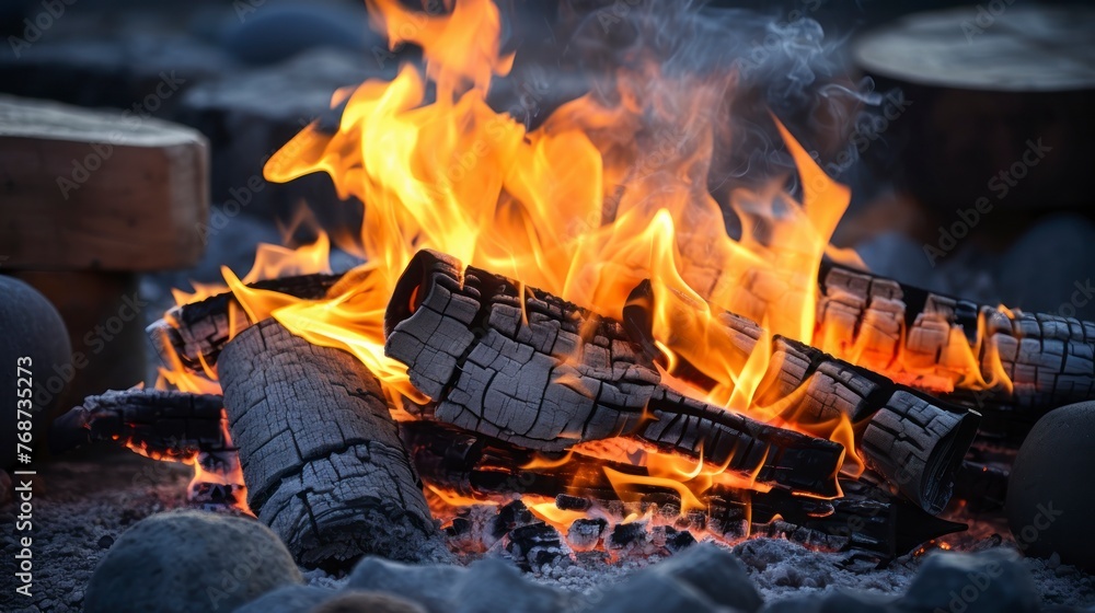 Burning firewood in a campfire, close-up.