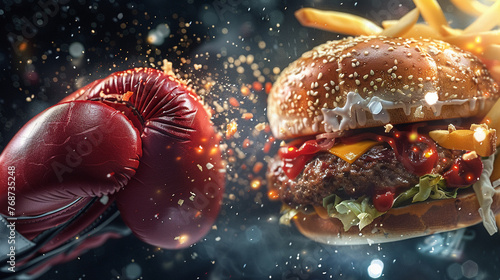 Boxing glove in action, piercing a fast food collage, ultra-close view, high impact, 3D design