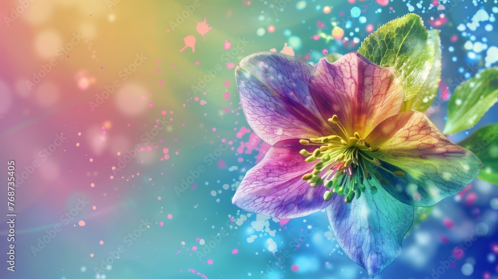 a multicolored flower with green leaves on a solid background of blue, pink, yellow, and green a multicolored flower with green leaves on a solid background of blue, pink, yellow, and green