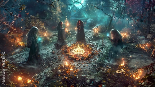 Scenery of witches performing rituals in the forest at night