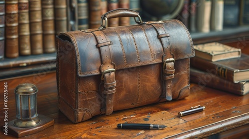 Luxurious leather briefcase on a polished mahogany desk, surrounded by vintage books and a classic fountain pen created with Generative AI Technology