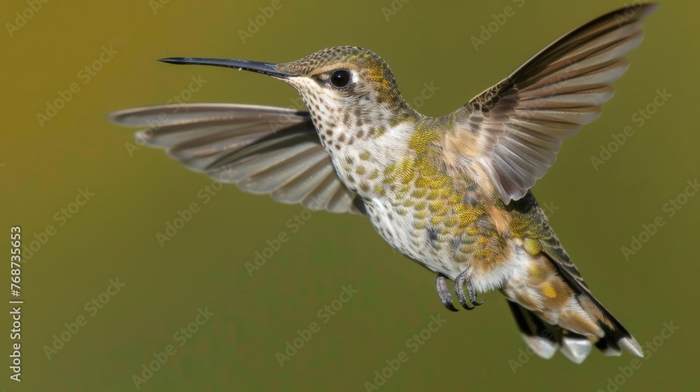 A hummingbird, with wings extended, flies through the air A hummingbird, with wings extended, flies through the air