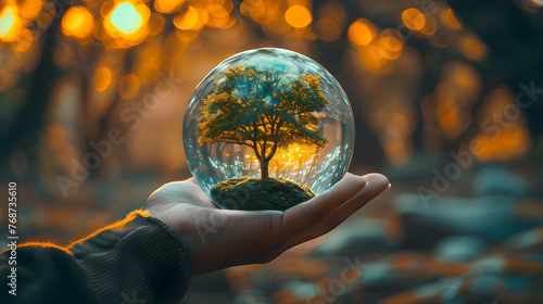 A human hand holding a glass ball with a tree inside, symbolizing nature and creativity.