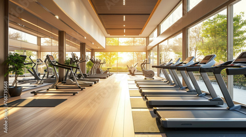Modern gym interior with equipment. Fitness club with row of treadmills for fitness cardio training in evening backlight © Ruslan Gilmanshin