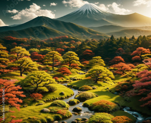 abstract japaneese lansdcape with mountain on sunset,  flowering sakura