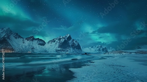 Aurora dancing above snowy mountains, illuminating Skagsanden Beach, Lofoten Islands © growth.ai