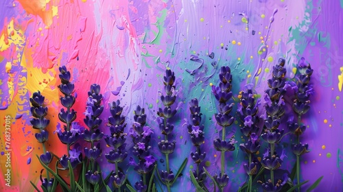  A vibrant lavender field in foreground against a colorful backdrop, with raindrops on the canvas