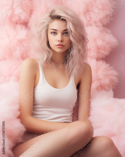 Beautiful young fashion model posing in bedroom . Ai Generative
