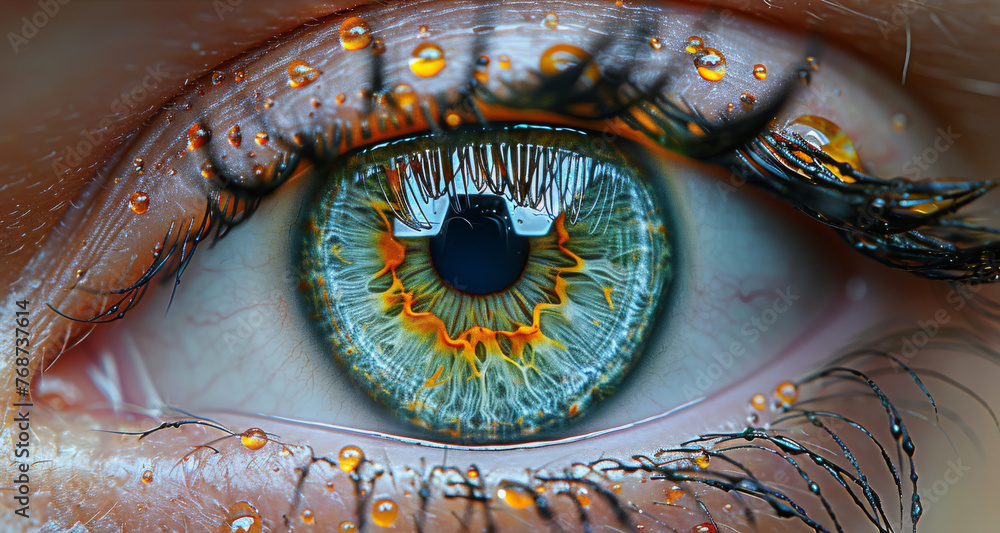  A close-up image of a person's eye with tears streaming down the iris