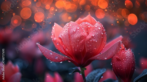  A macro image captures a vivid red flower, droplets of water glistening on its petals, against a softly blurred background