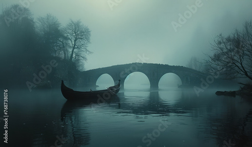 Boat floating on river in dark and foggy forest with old bridge in the background. © Vadim