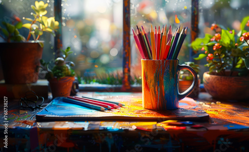 Photo for Artistic equipment: cup of colored pencils and paintbrushes on the artist's palette on the background of window with water drops and beautiful plants - Royalty Free Image