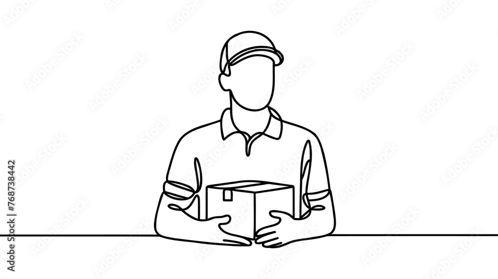 Continuous line art or One Line Drawing of delivery man standing with parcel post