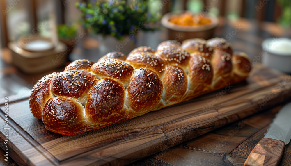 Challah bread on wooden board and cup of coffee on the table Challah bread on wooden board and cup of coffee on the table
