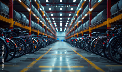 Bicycles in row in large warehouse