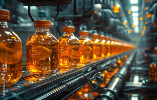 Sunflower oil bottles on the conveyor belt in the production line