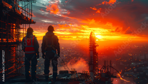 Two engineers standing on the roof of skyscraper and looking at the construction site at sunset.