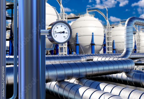 Chemical industry. Factory for production of tax products. Pipes with manometer near chemical plant. Manufacture with spherical high pressure tanks. Chemical factory under blue sky. 3d image