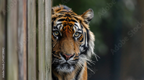 Male tiger peeks from behind a wall.