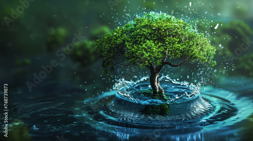 Design of an eco-friendly symbol integrating a green tree and blue water elements, representing the harmonious balance in nature.