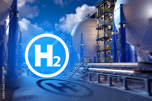 Hydrogen power station. H2 logo near plant. Manufactory for production of hydrogen fuel. Alternative energy. H2 gas inside spherical tanks. Innovative hydrogen plant. BPVC, ASME. 3d image