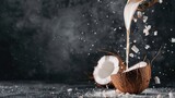  A few coconuts atop a cloth, pouring milk from one
